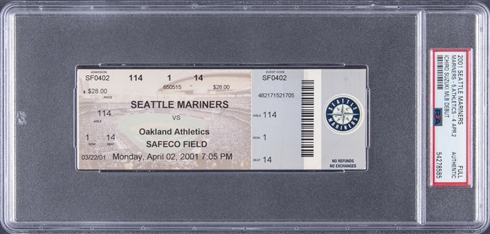 2001 Ichiro Suzuki MLB Debut Full Ticket from 4/2/01 - Oakland Athletics vs Seattle Mariners - PSA AUTHENTIC